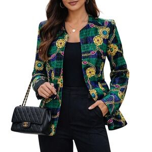 Vintage Talbots Richard Warren Silk Blazer Green Purple Plaid Chain Print 14‎